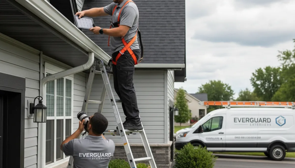 Technician performing gutter inspection on vinyl siding home in Salt Lake City, UT