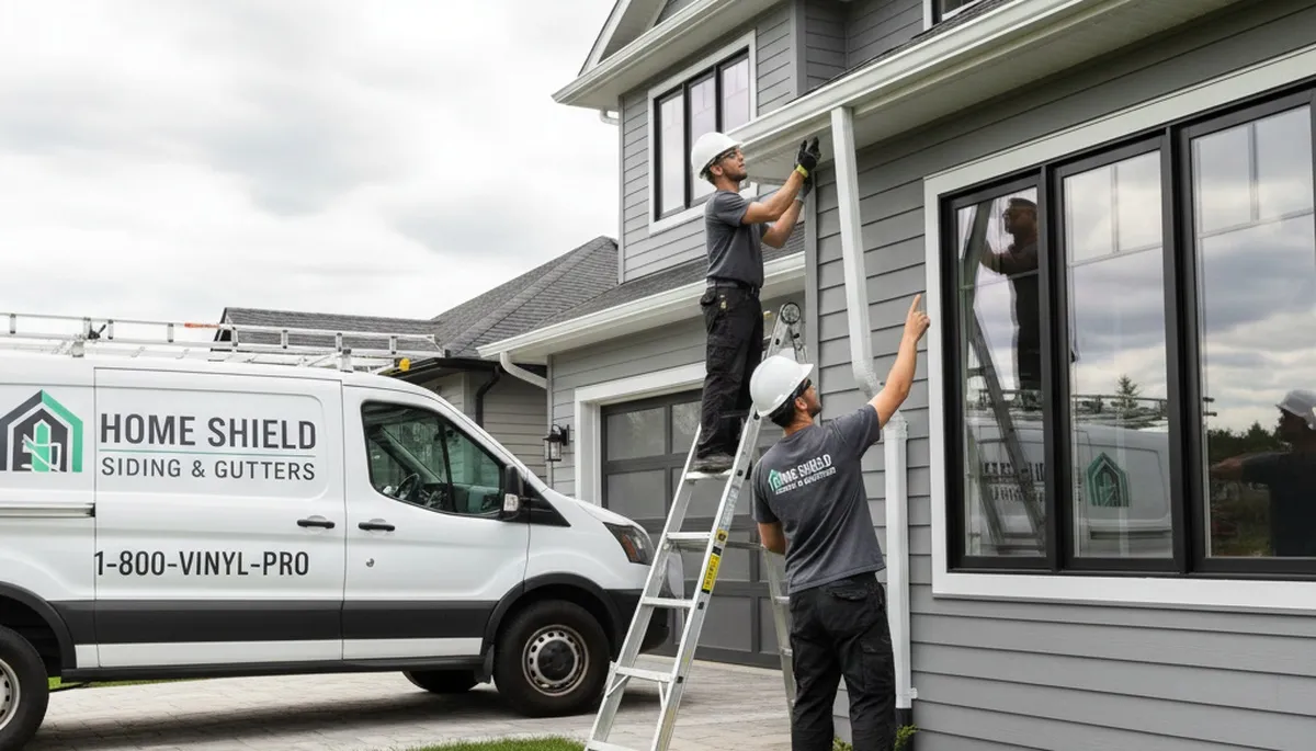 Technician repairing home gutters in Salt Lake City UT for Next Level Exteriors siding contractors