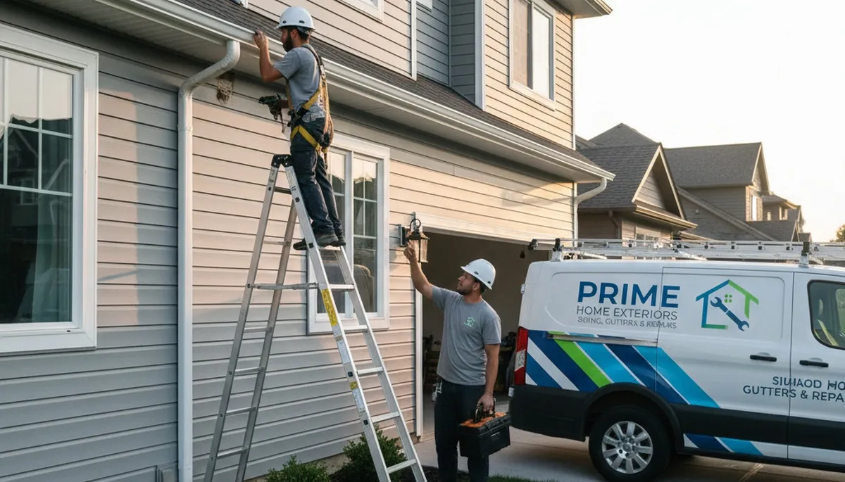 Technician performing gutter repair on vinyl siding home in Salt Lake City, UT