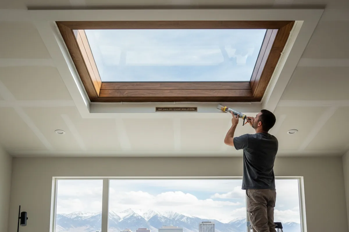 Technician applying final trim and caulking for skylight installation in Salt Lake City UT home